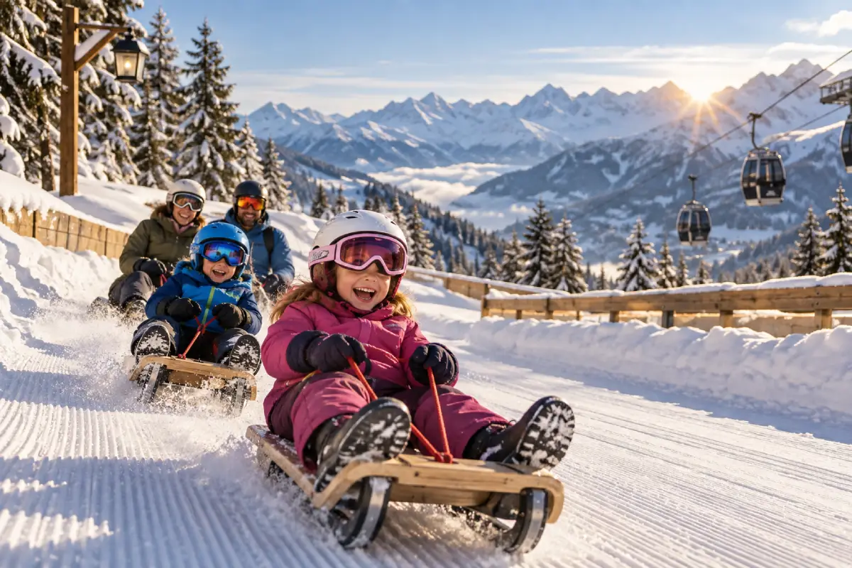 Enfants en luge sur une piste enneigée en Tarentaise, face aux sommets