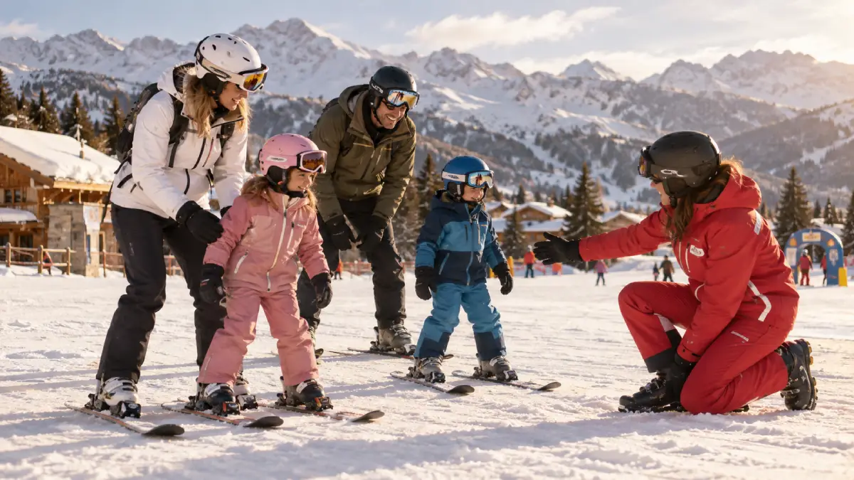 Famille et enfants en cours de ski avec un moniteur ESF, au pied des Arcs