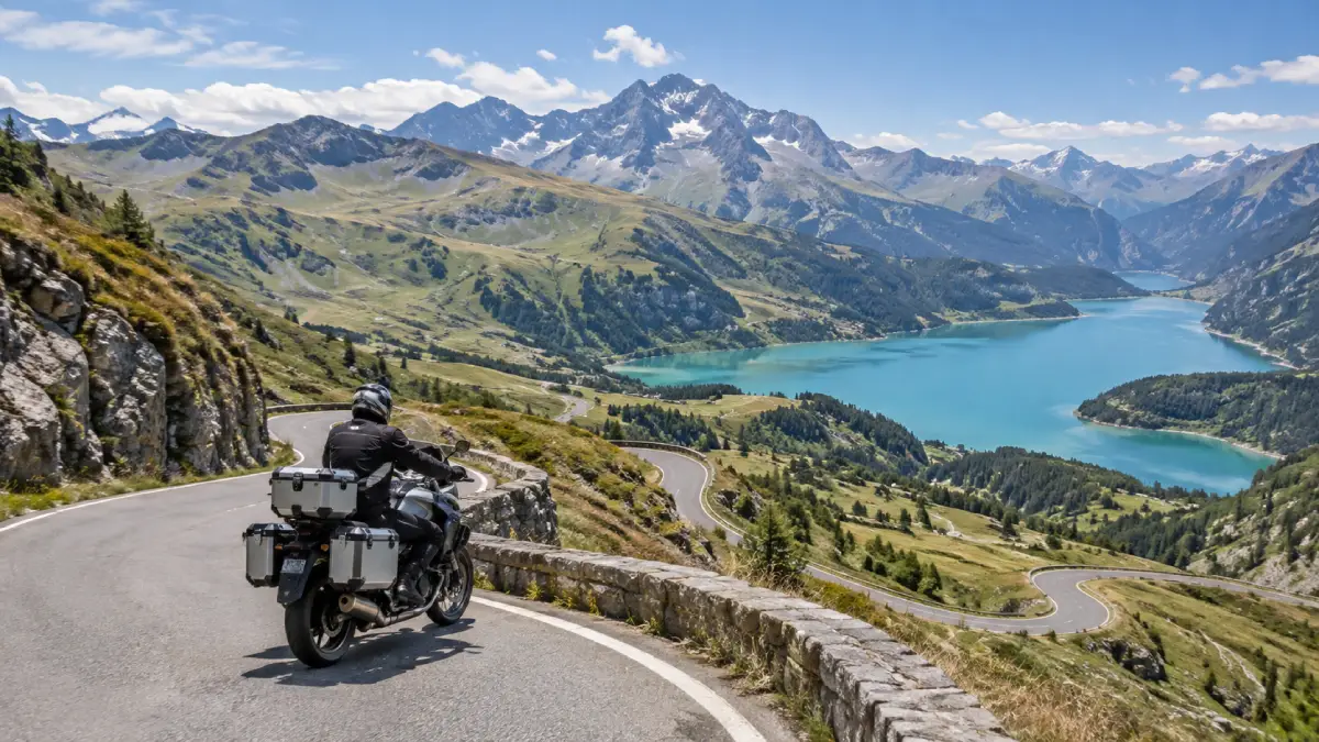 Moto sur la route des Grandes Alpes, virages au-dessus du lac de Roselend